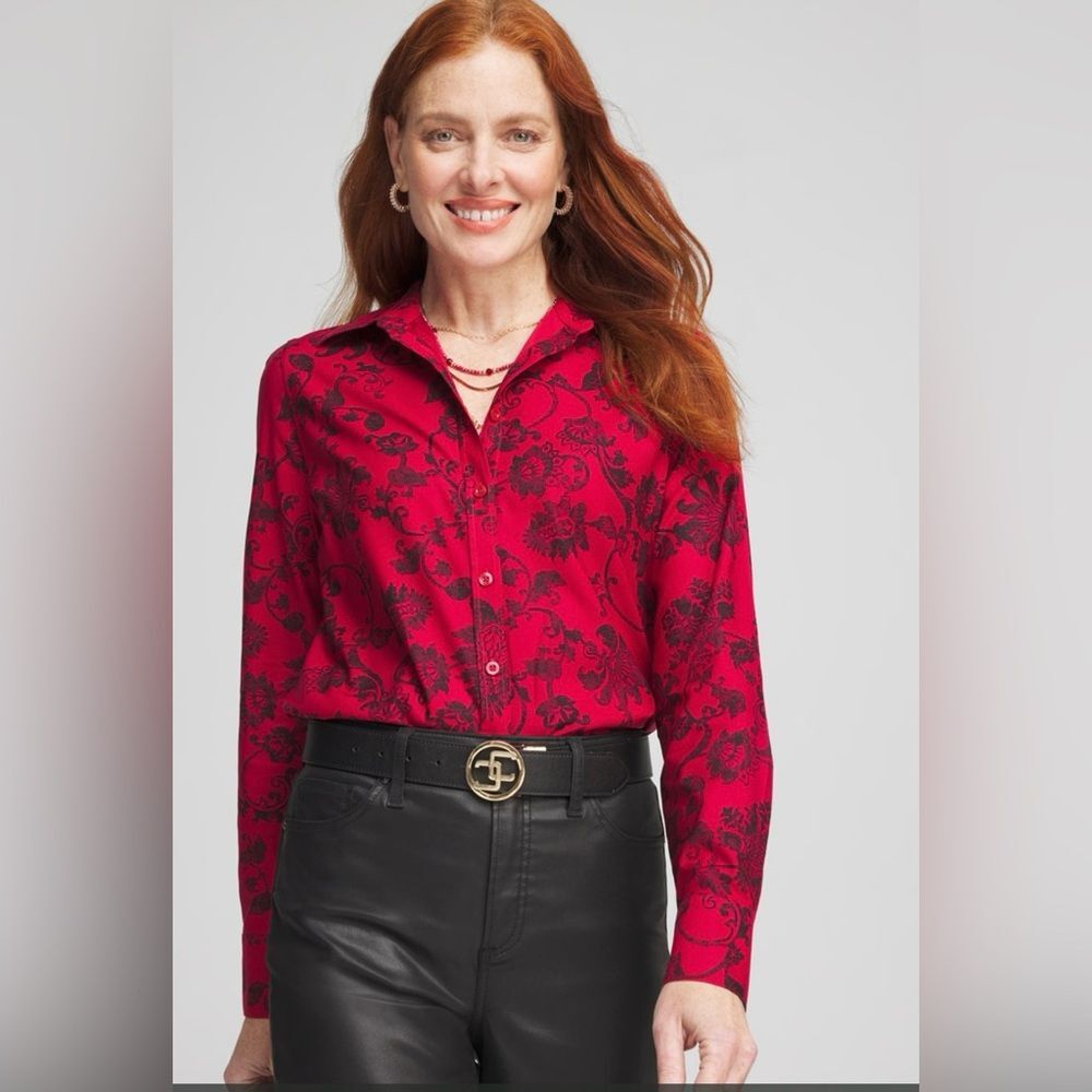 Chico’s No Iron Floral Shirt Size 1 US M Collared Button Down Color Red